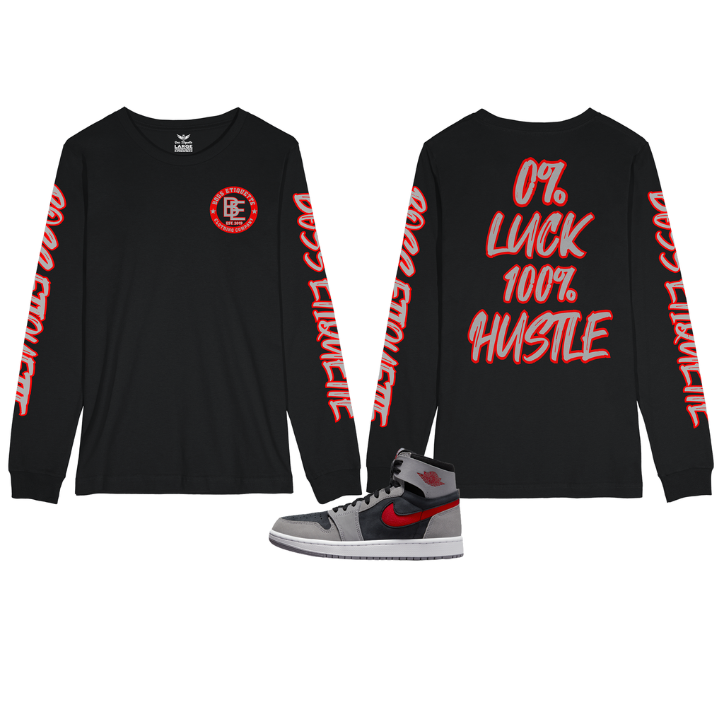0% Luck 100% Hustle Long Sleeve T-Shirt (Black/Red/Grey)